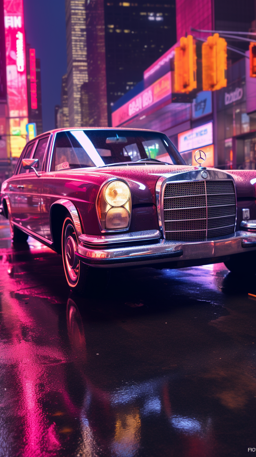 Vintage Mercedes-Benz in neon-lit cyberpunk cityscape.