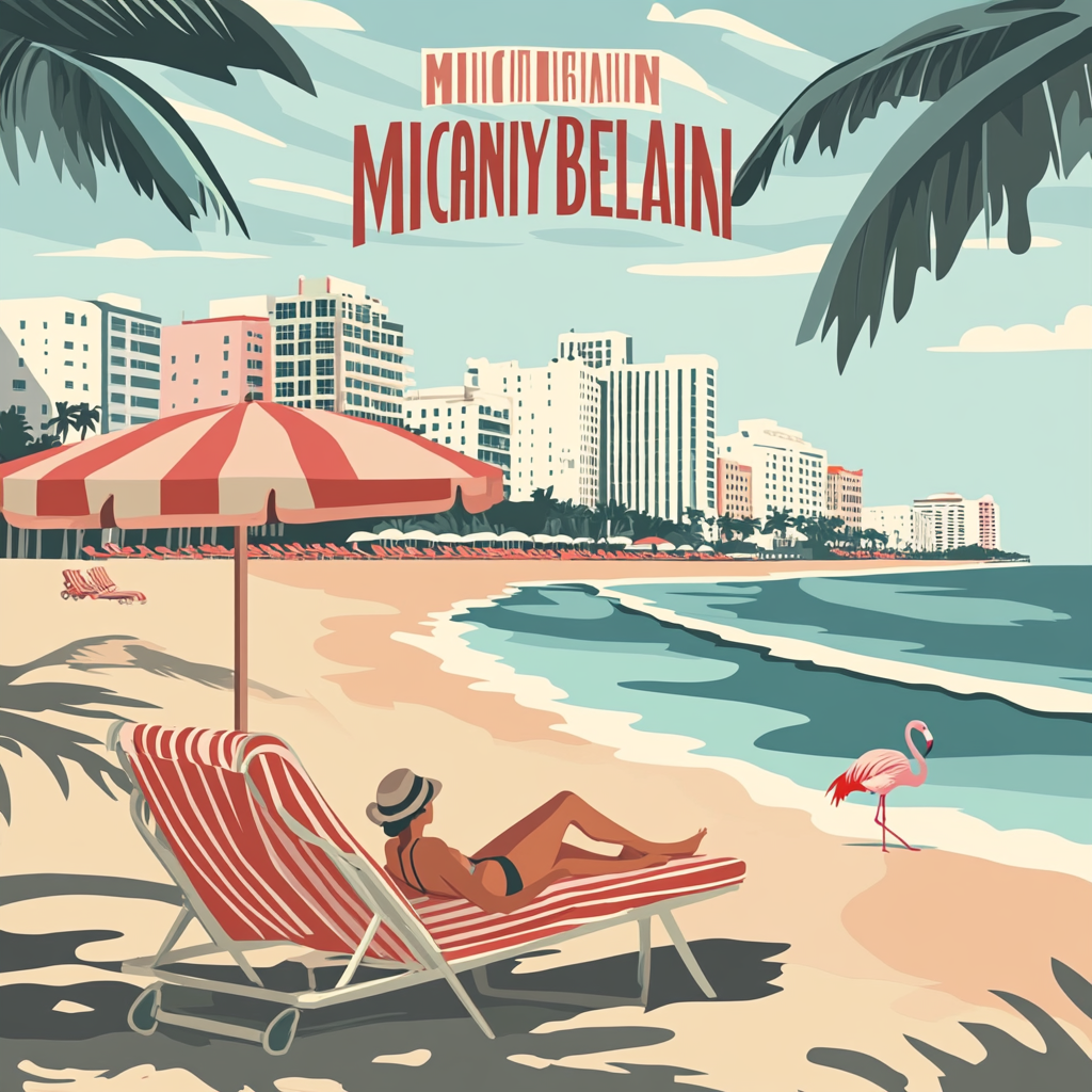 Vintage Miami Beach travel poster with pastel colors.