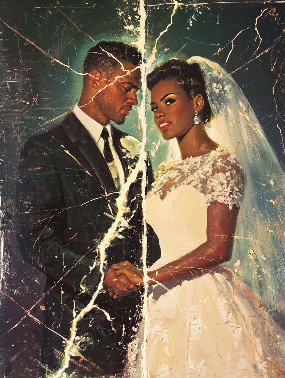 Vintage book cover with African American bride and white groom, split page, lightning bolt, mystery style, realistic, 1930s.