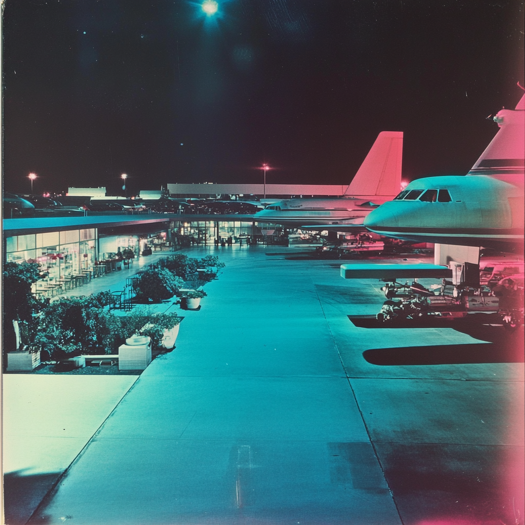 Vintage polaroid of space station at night, 1960s vibes.