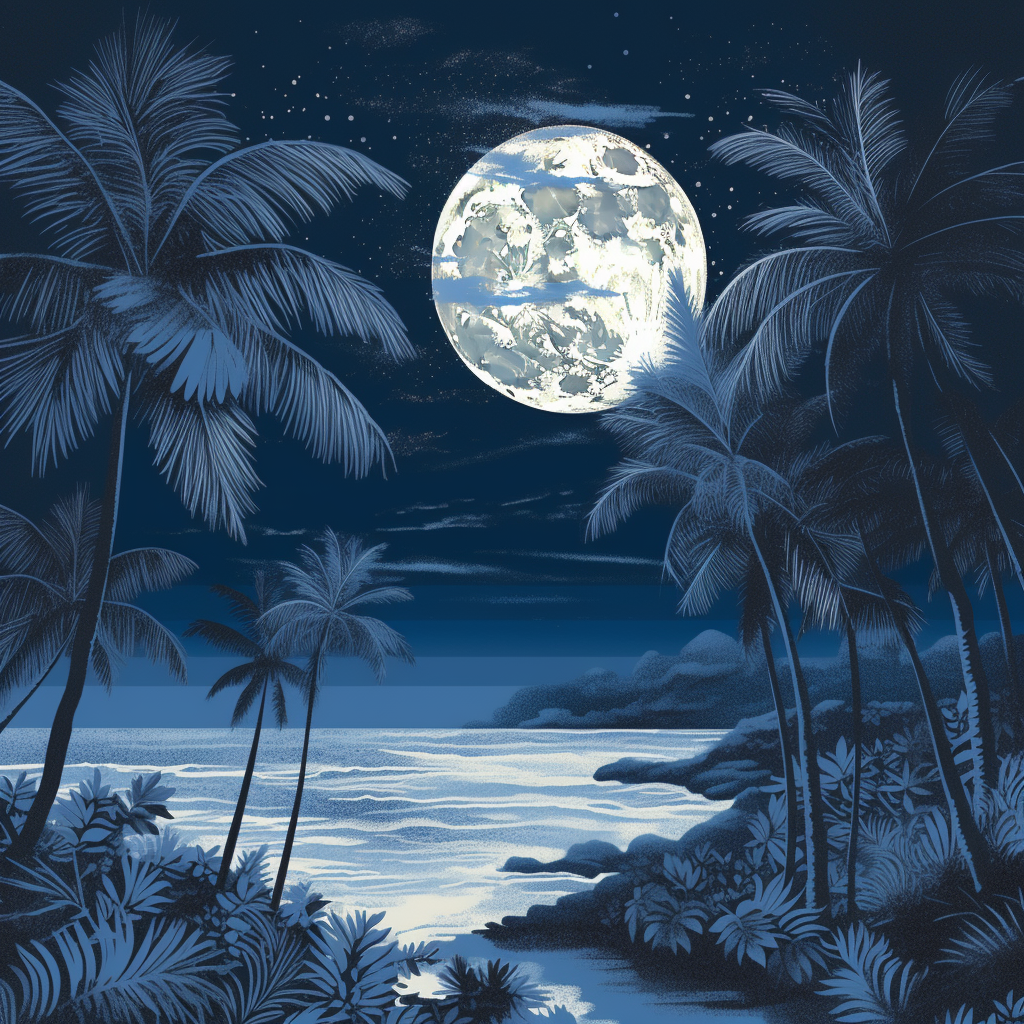 Vivid moonlit beach scene with palm trees and ocean waves