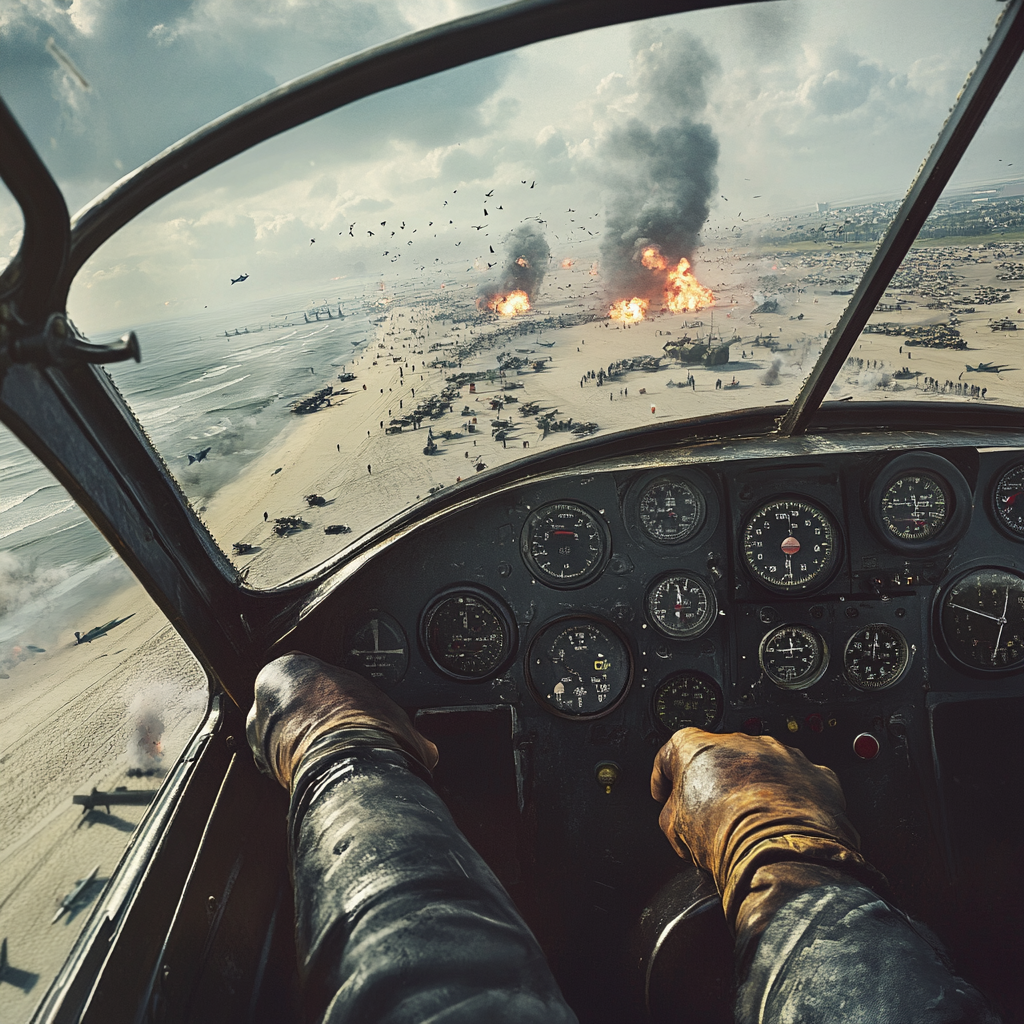 WWII scene of BF109 pilot during Dunkirk strafing.