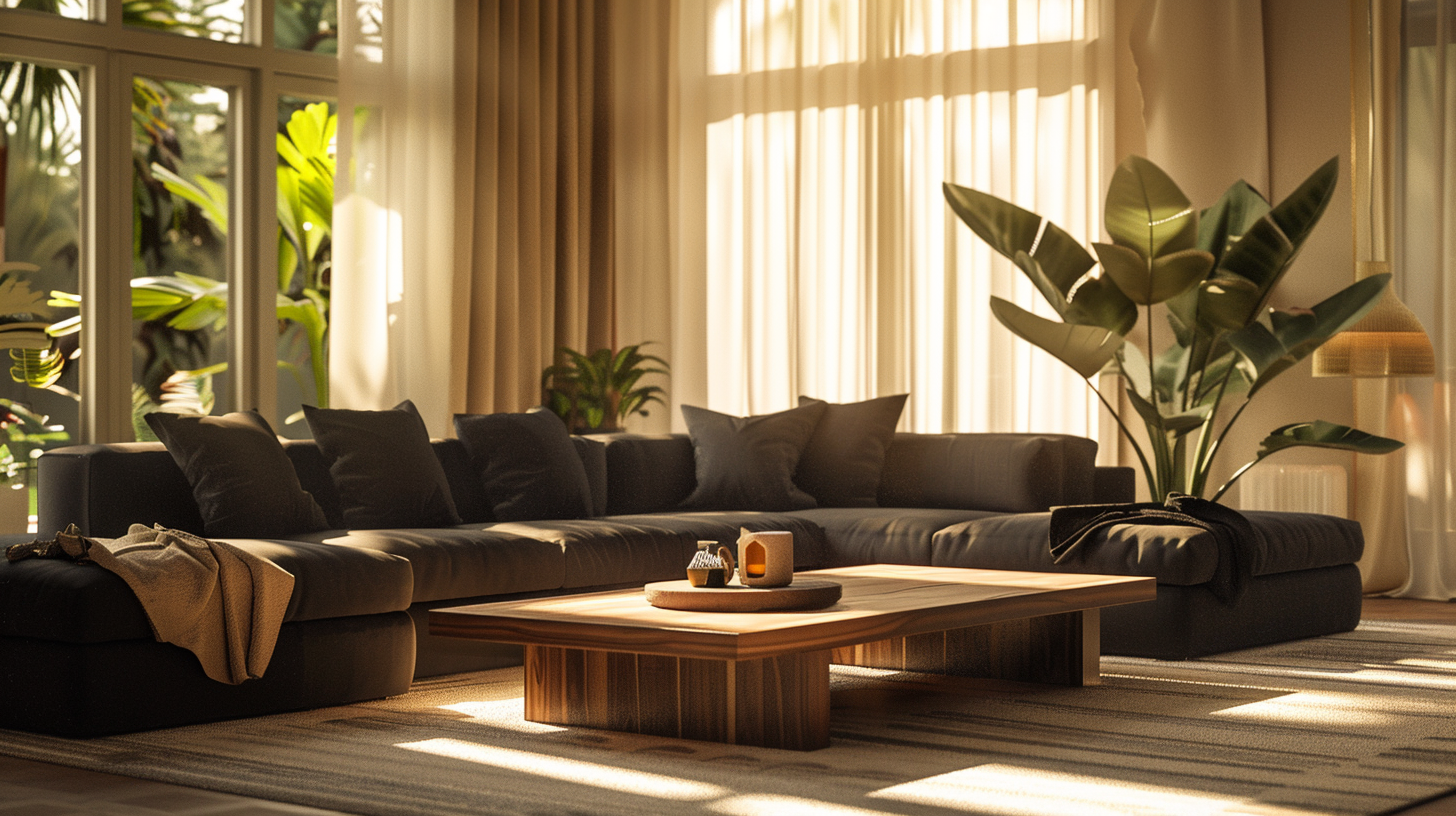 Warm living room with dark sectional sofas, wooden table.