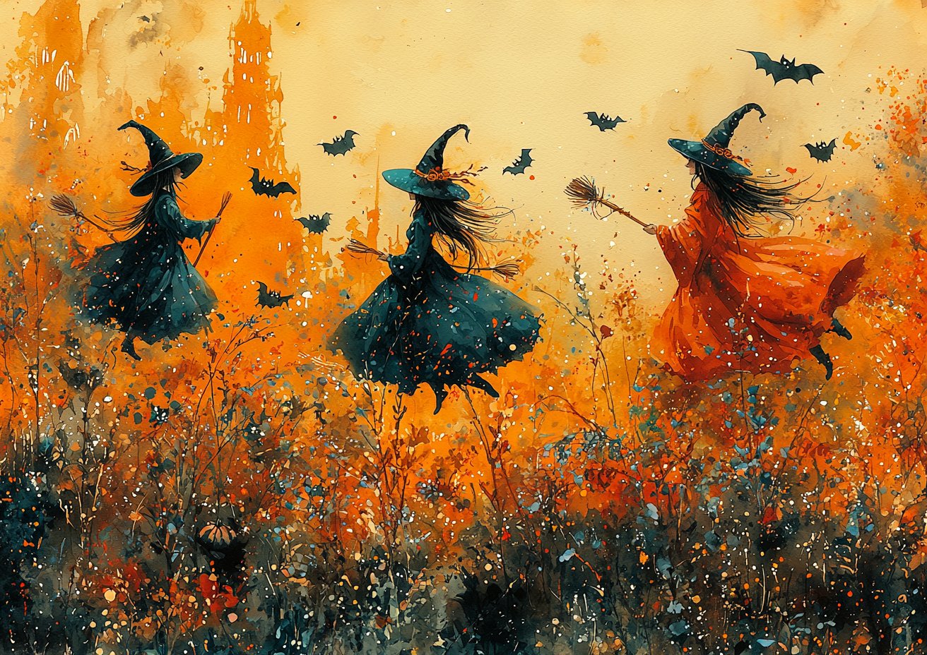 Watercolor Halloween card with witches, black cats, magical vibe.