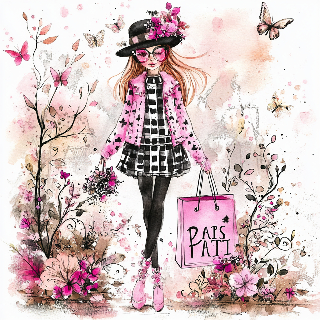 Watercolor illustration of girl shopping in Paris with butterflies