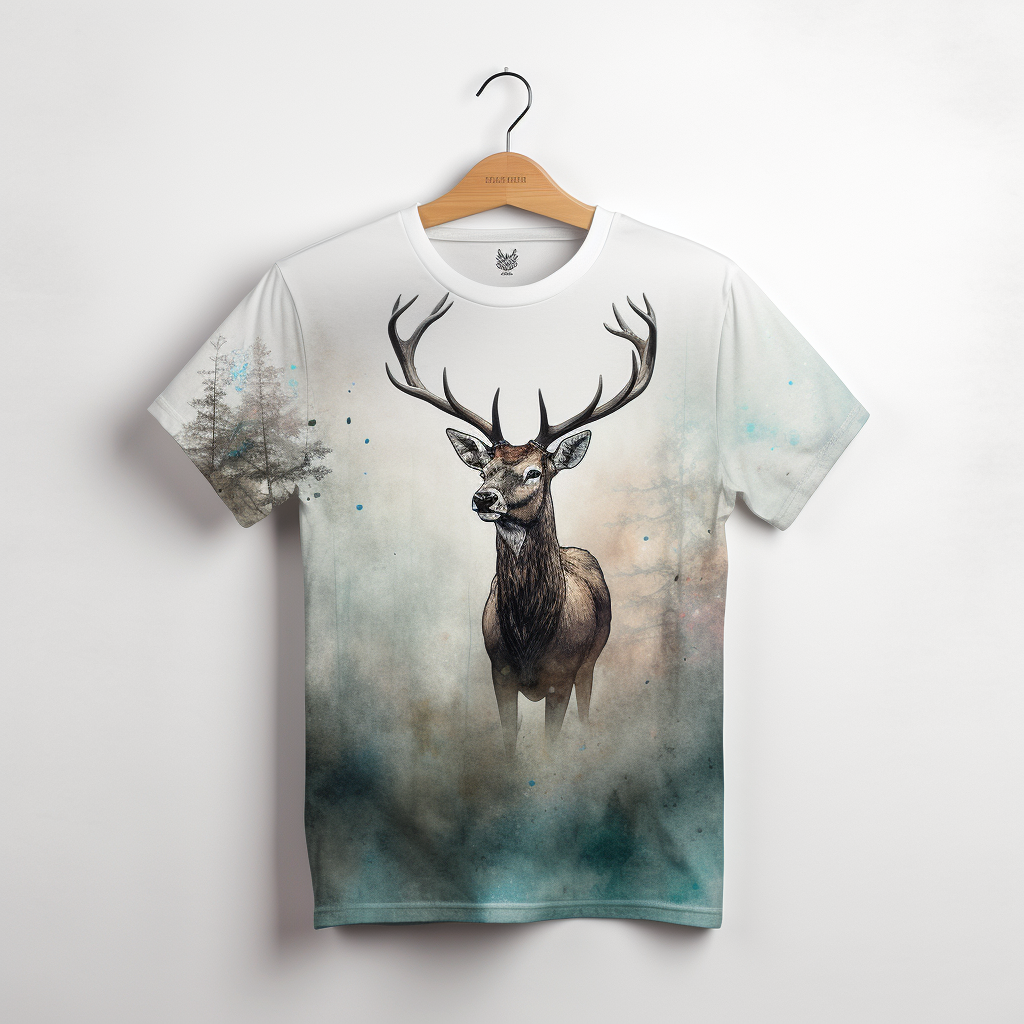 Watercolor illustration of stag in misty forest on shirt.