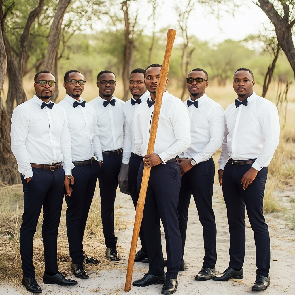 Wedding groom with groomsmen in Botswana photo shoot.