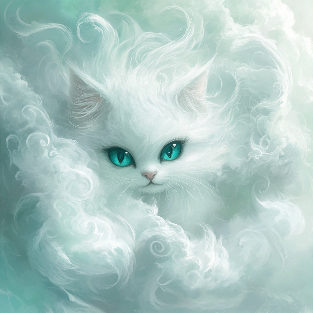 Whimsical White Cat in Dreamy Clouds 