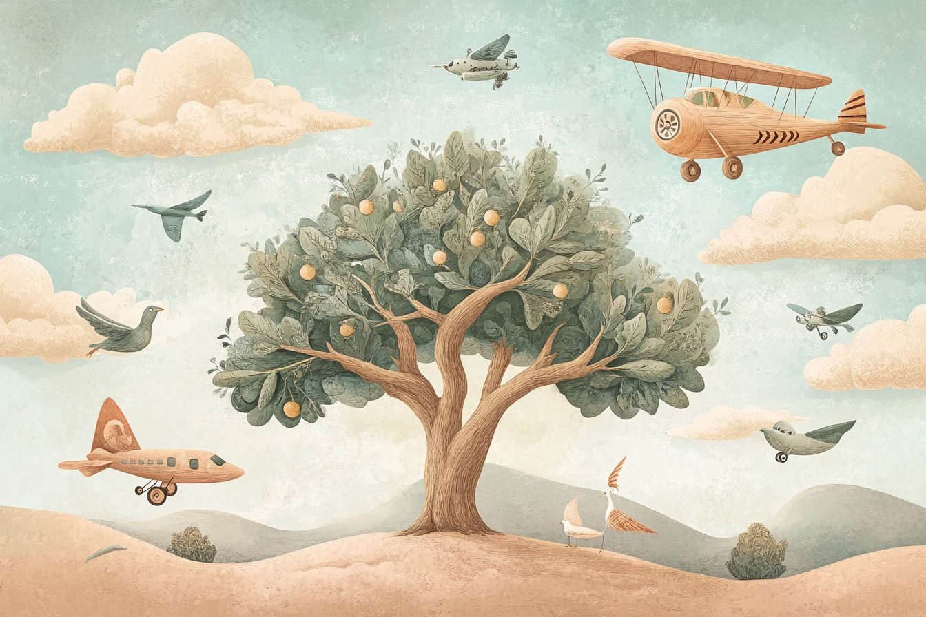 Whimsical illustration of olive tree with unique air vehicles.