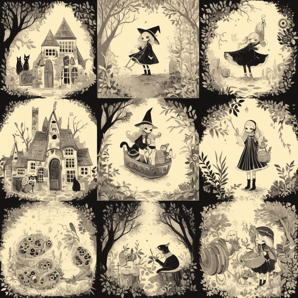 Whimsical vintage black and white illustration with fantasy elements.