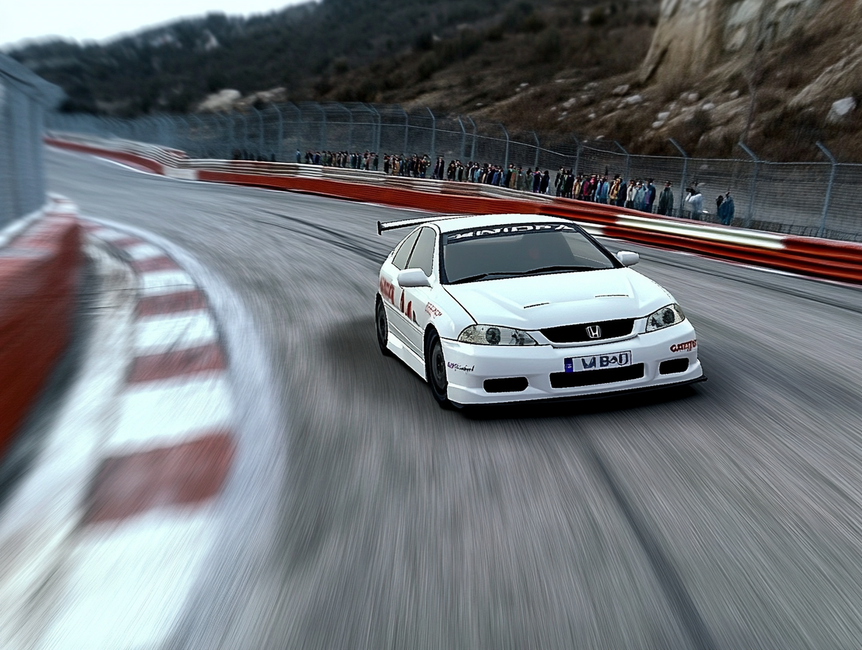 White Honda Civic Racing at Night on Formula One Track