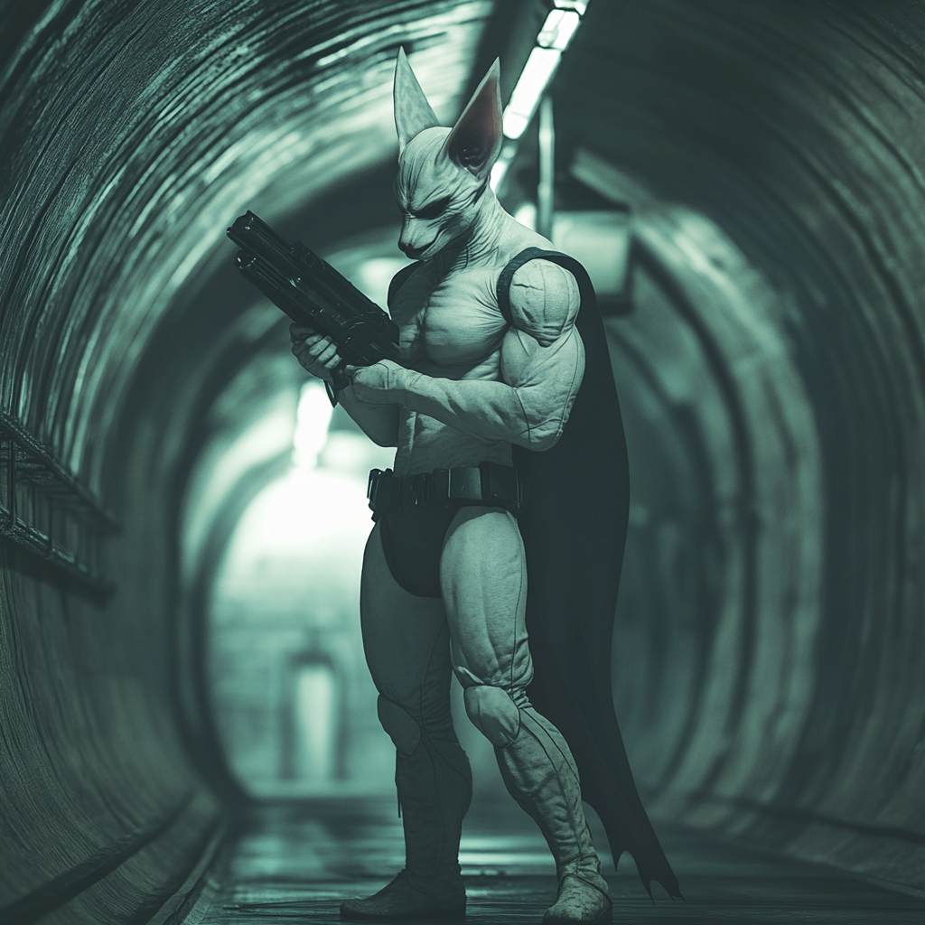 White bat humanoid holding futuristic weapon in dark tunnel.