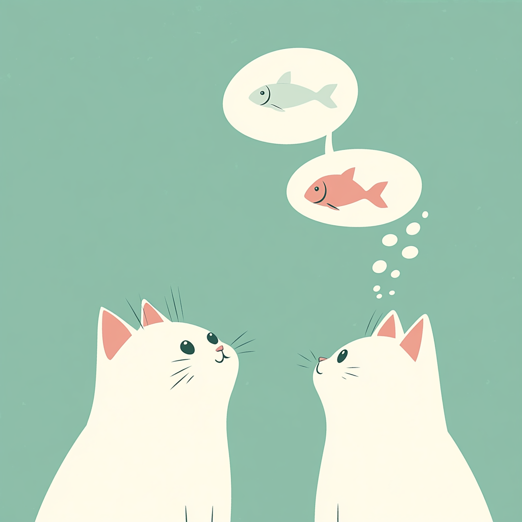 White cat gazes at fish in a thought bubble.