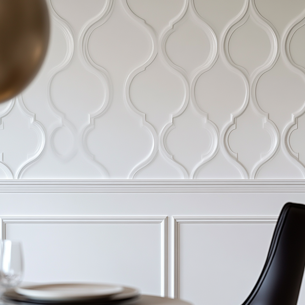 White wall in dining room with wallpaper space. Modern chair in background, barely visible. Bright neutral lighting.