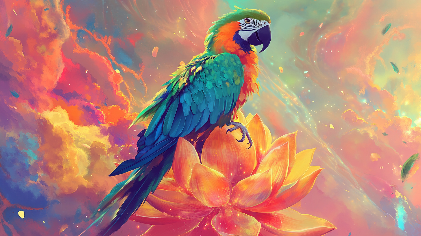 Wise Bodhisattva parrot on lotus flower, vivid landscape.