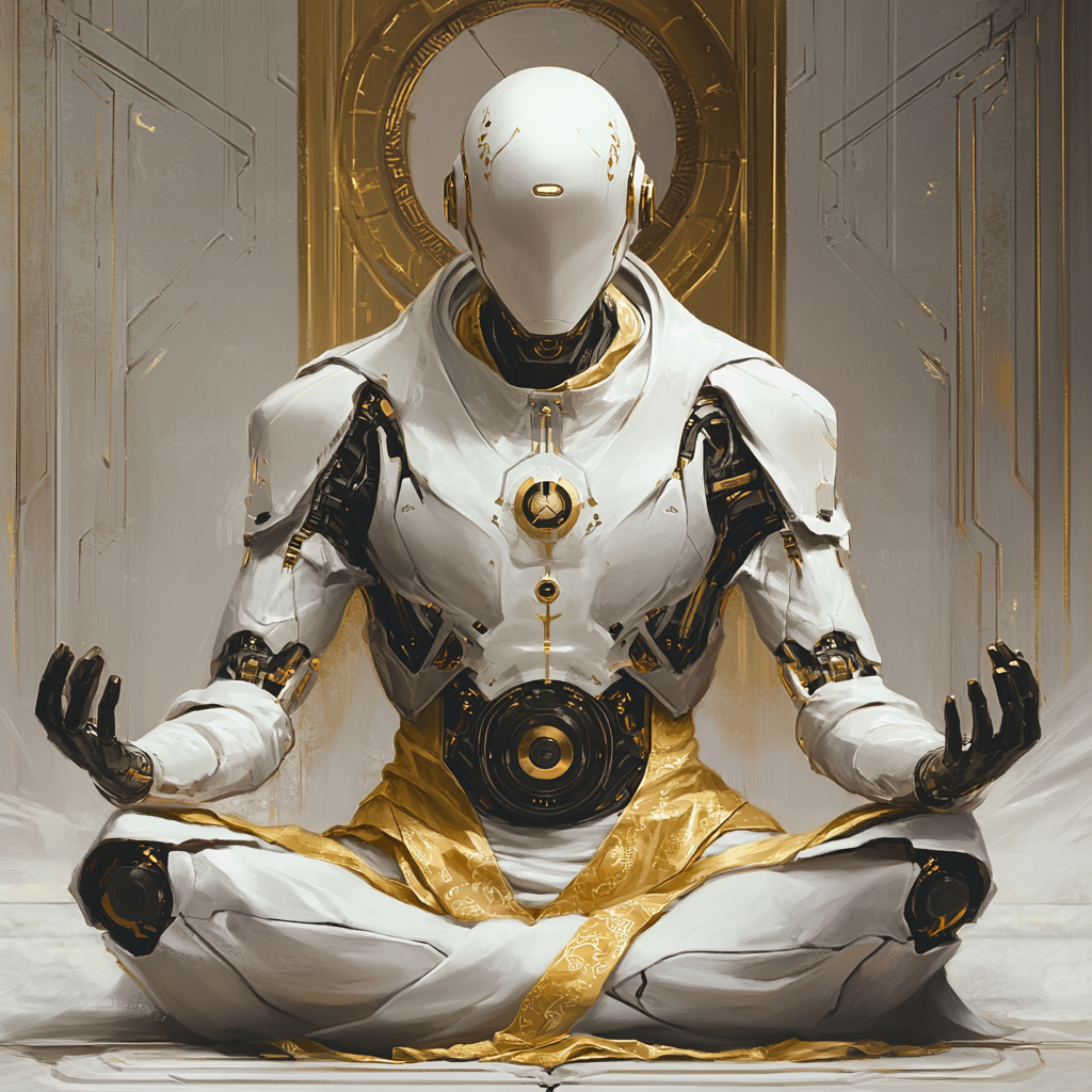 Wise robot guru in white armor meditating peacefully.