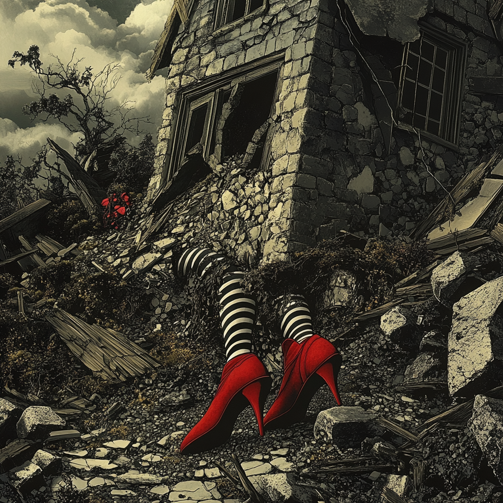 Witch's legs and red slippers poke out from house.