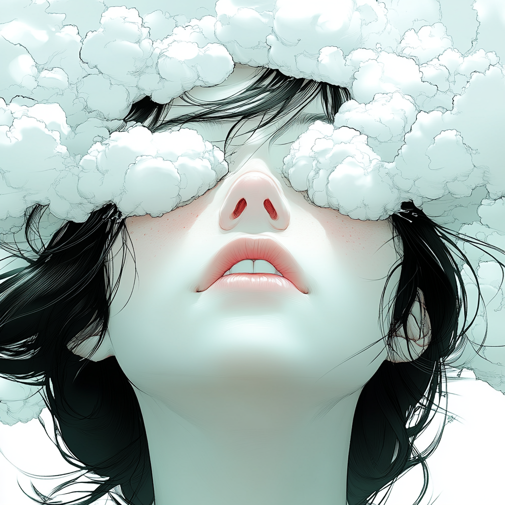 Woman's head covered in clouds, white cotton pads