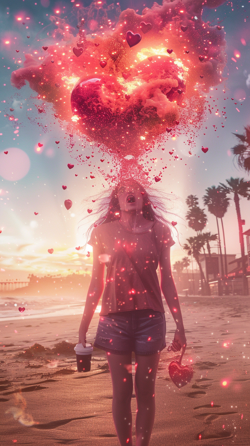 Woman's heart explodes in love-themed mystical explosion, urban background.