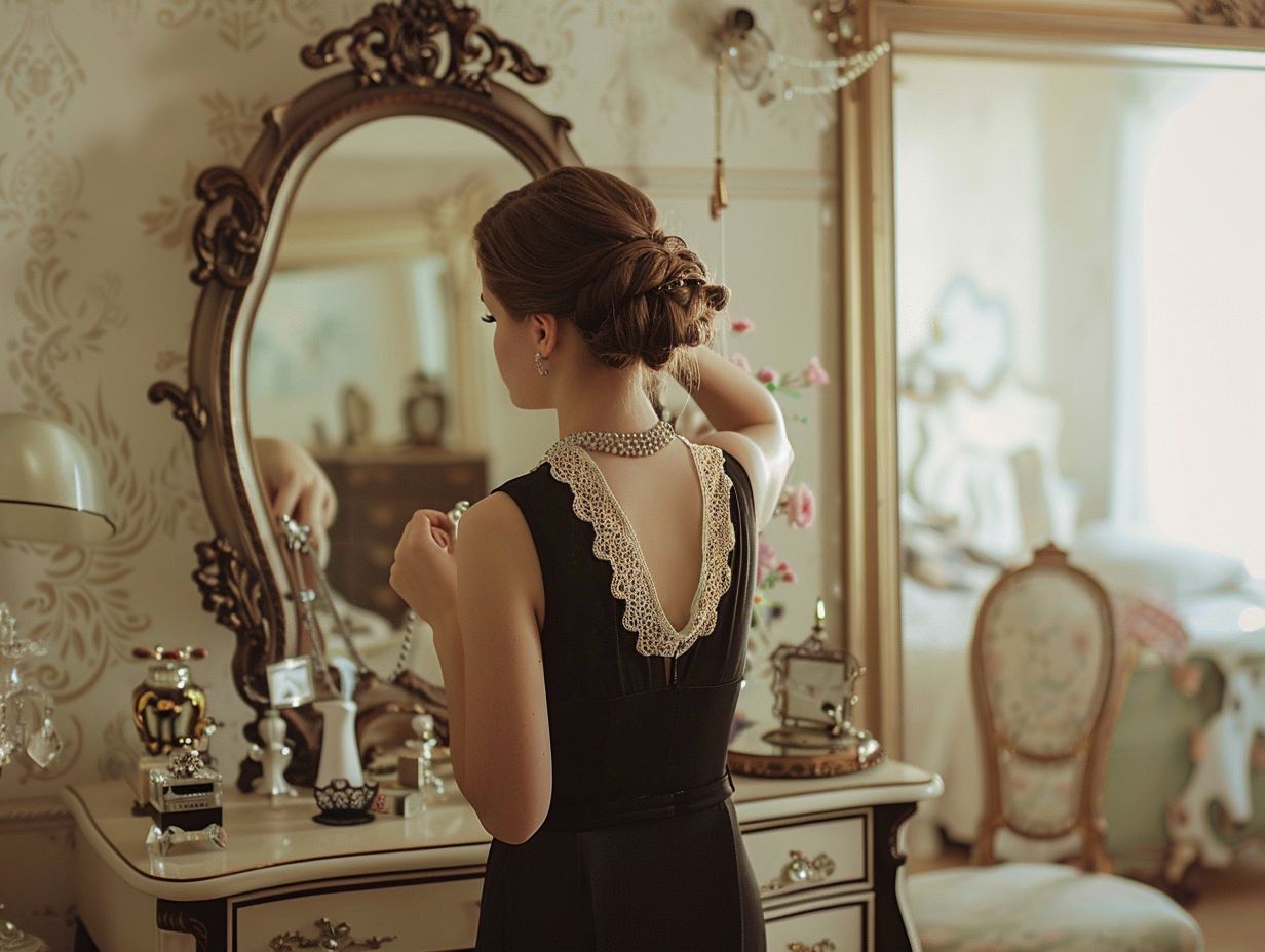 Woman choosing silver necklace against mirror in bedroom.