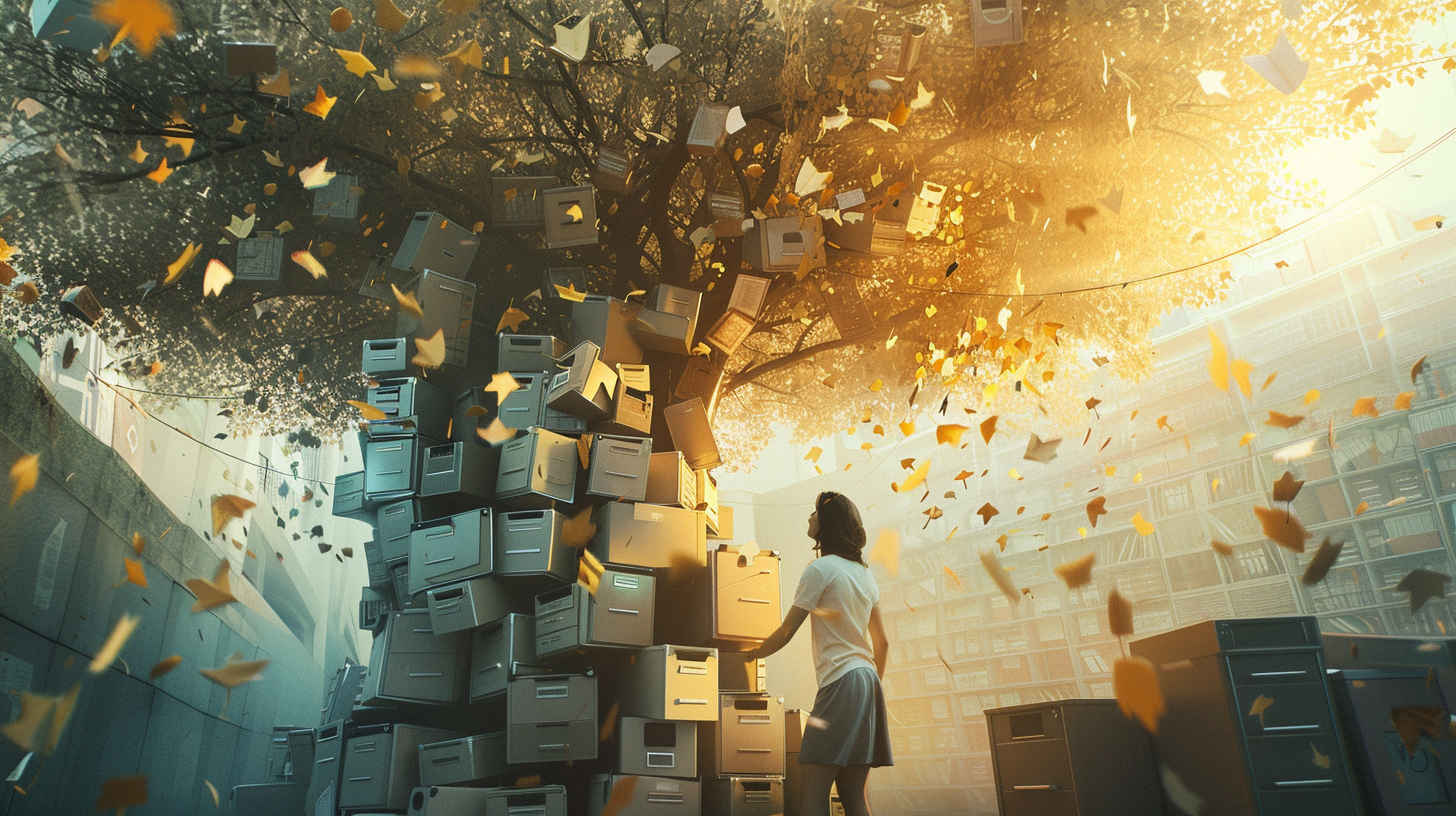 Woman climbing desk tree, golden leaves symbolize success.