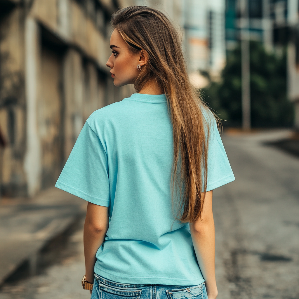 Woman in Aqua t-shirt in urban setting modeling.