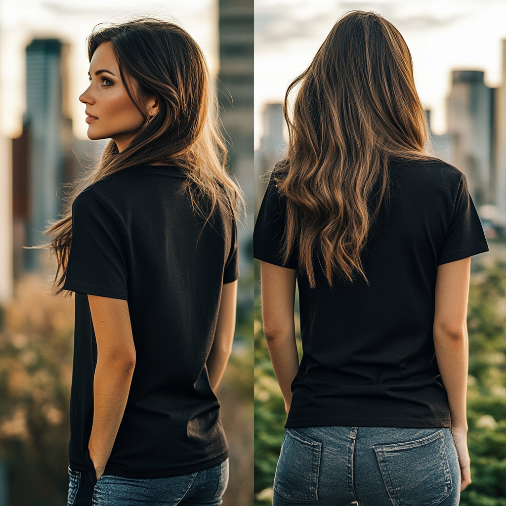 Woman in black t-shirt posing in urban setting.