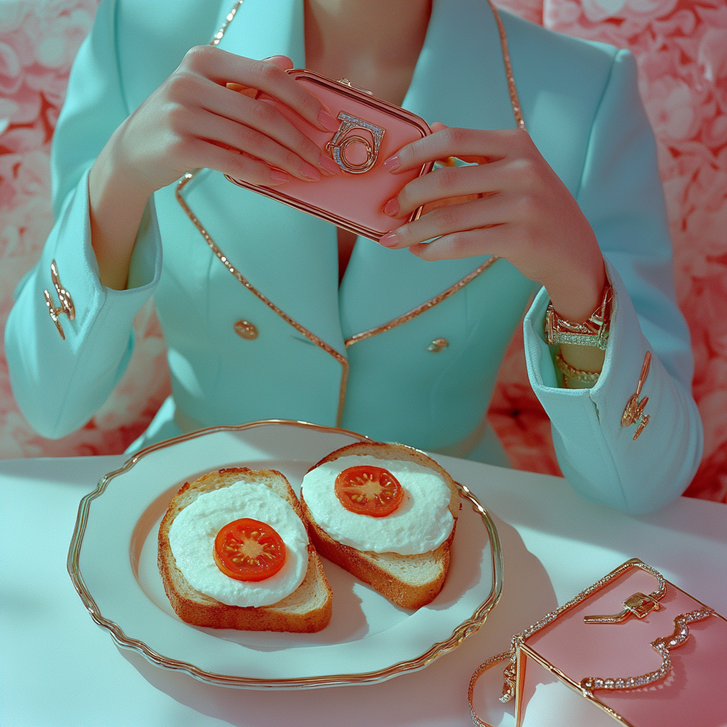 Woman in blue jacket eating two pieces of toast.