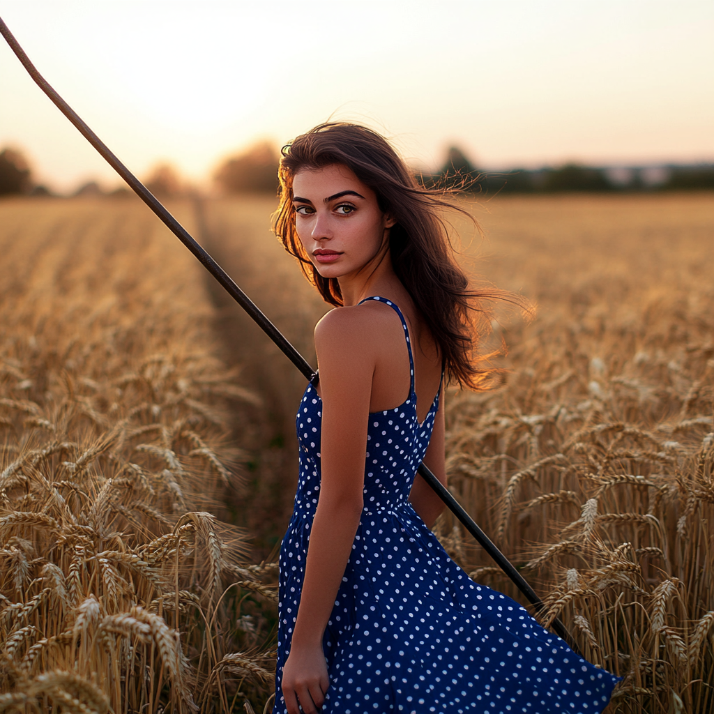 Woman in blue sundress in wheat field at sunset.