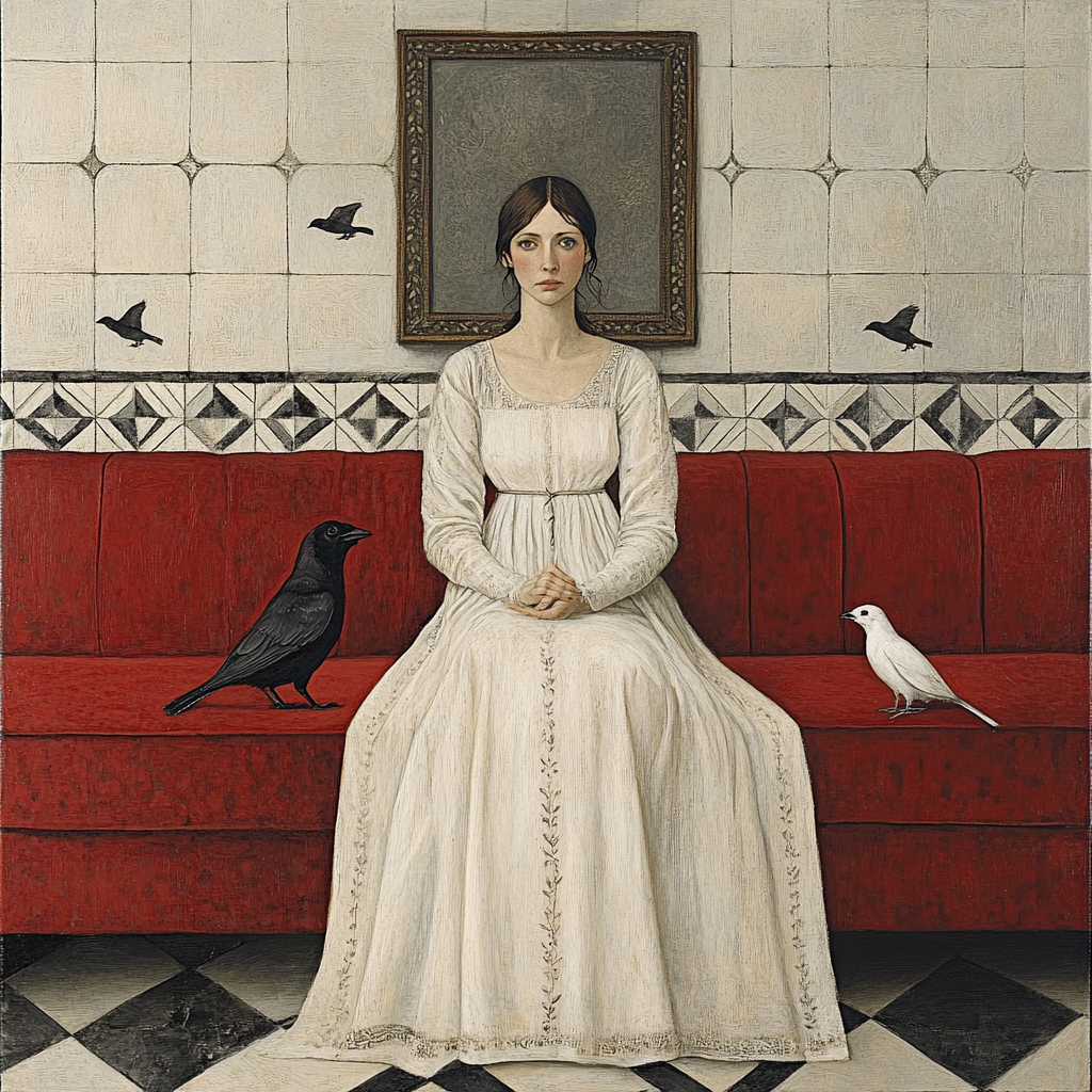 Woman in white dress with sparrows on her shoulder.