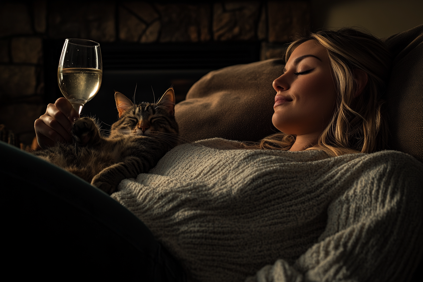 Woman relaxing on couch with cat, glass of wine.