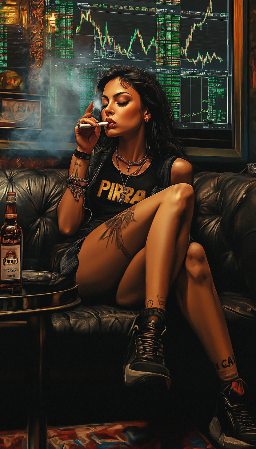 Woman smoking, forex charts, Prime bottle on table.