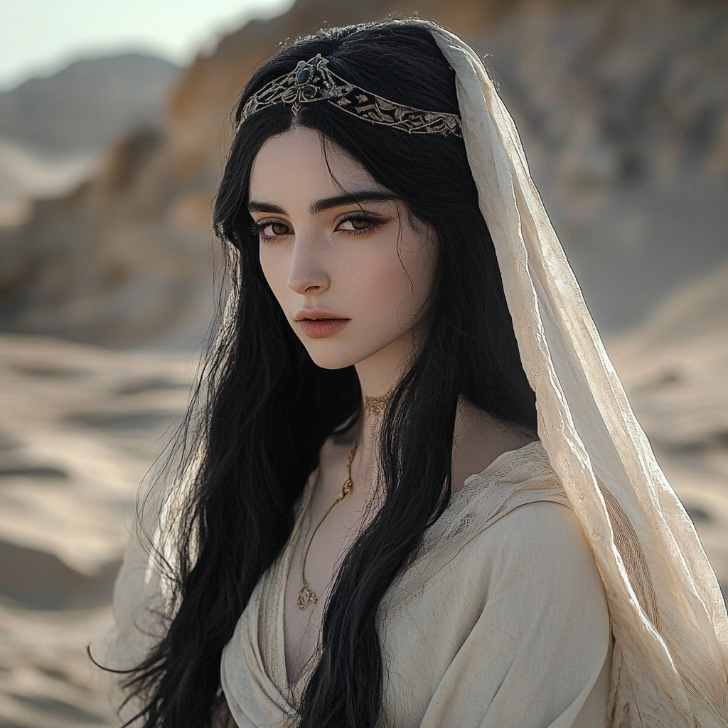 Woman with black hair in desert looks like Galadriel.