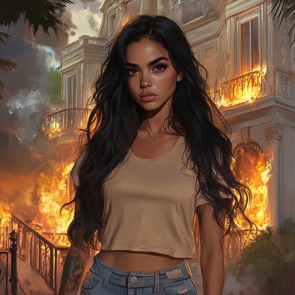 Woman with long black hair stares at burning mansion.