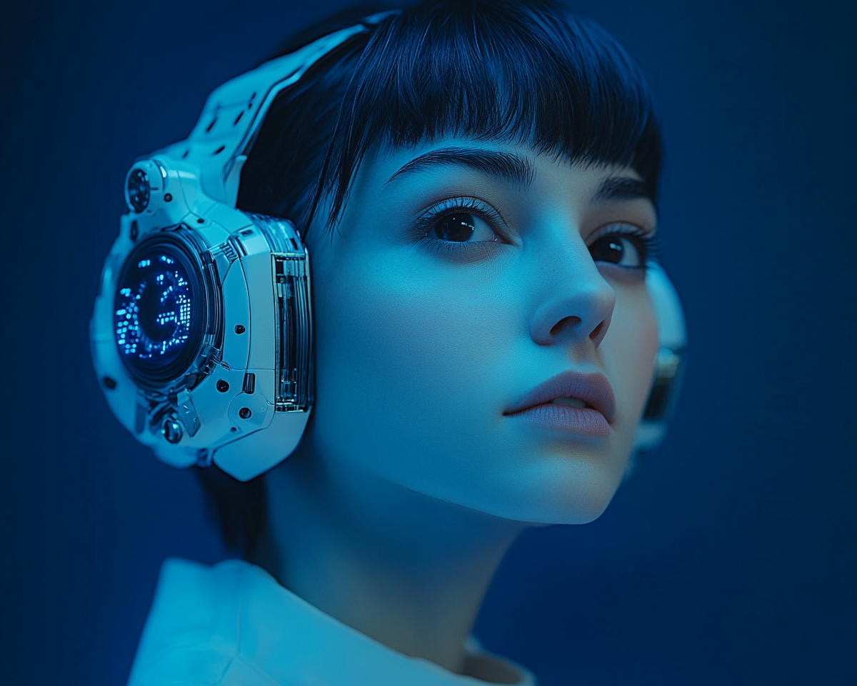 Woman with short hair wearing tech accessories, white shirt.