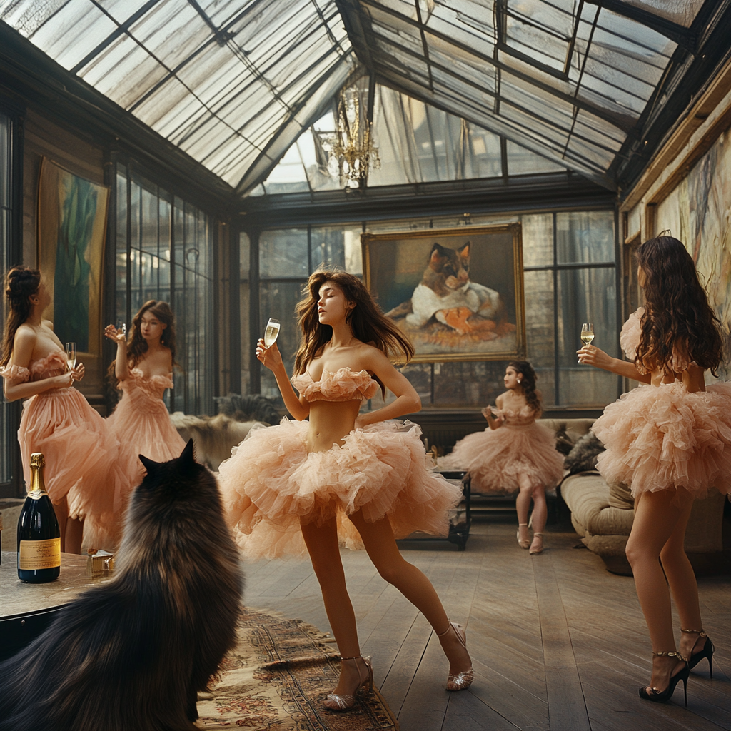 Women dancing, loft with glass roof, paintings on walls.