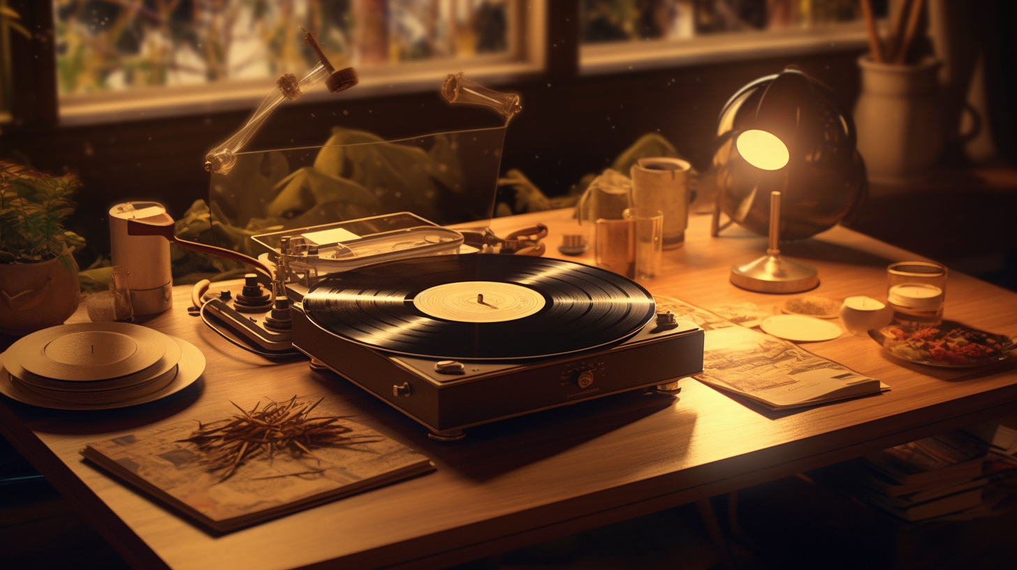 Wooden table, rolling papers, grinder, cannabis buds, neon lighting, smoke, vinyl records, record player.CenterScreen composition.