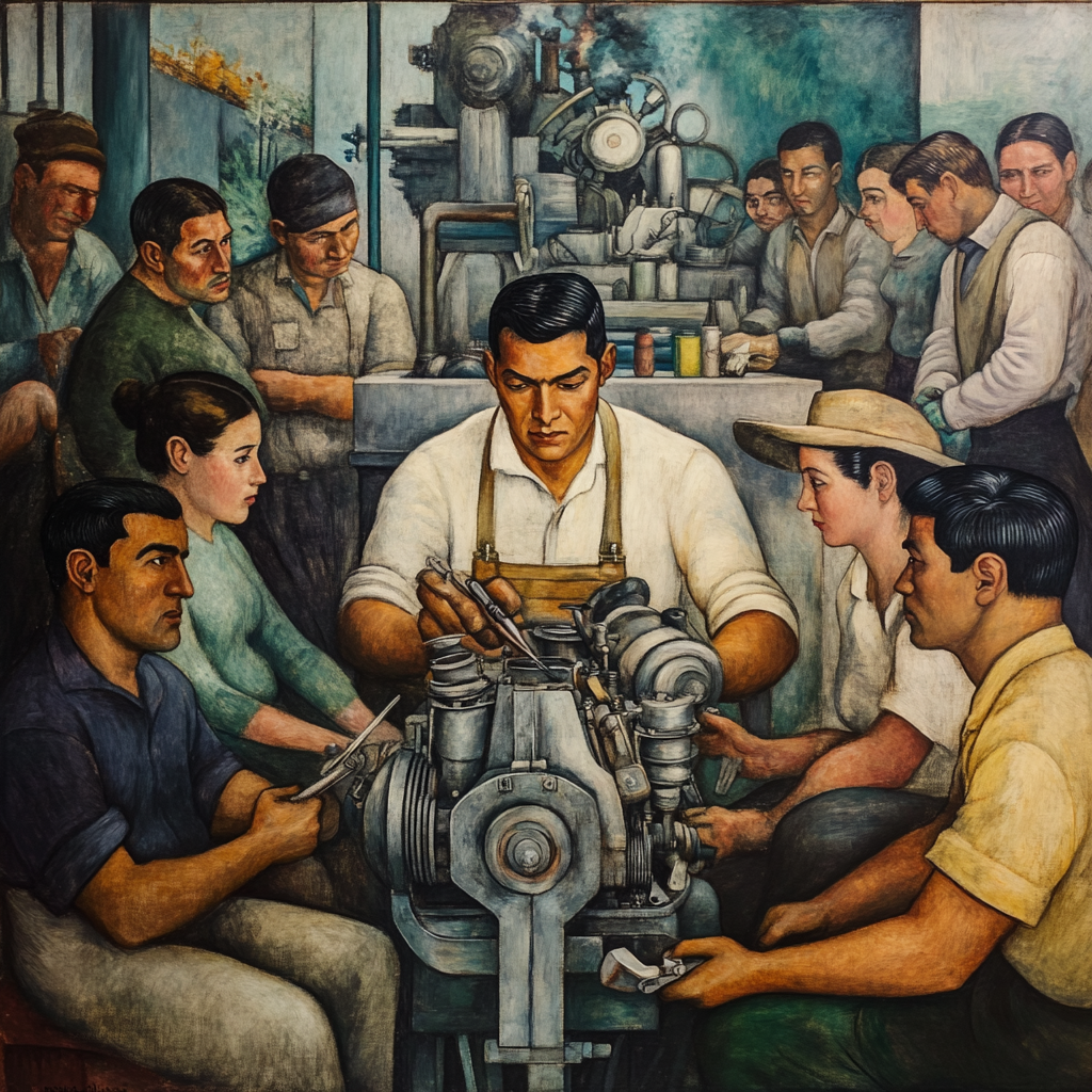 Worker watching engineer build engine in busy factory.