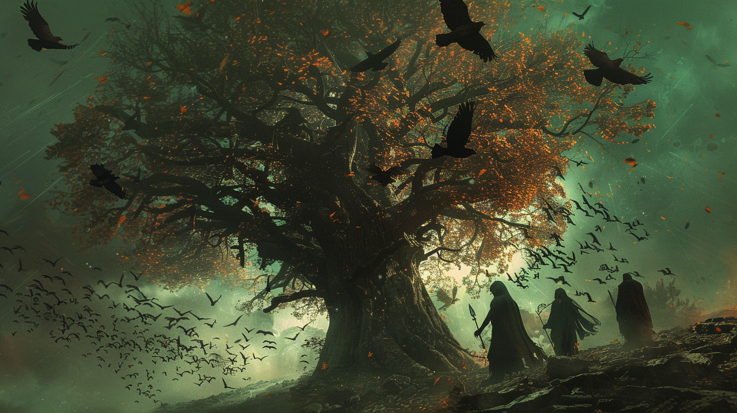 Wych Elm tree with raven leaves, coven in Dead Land.