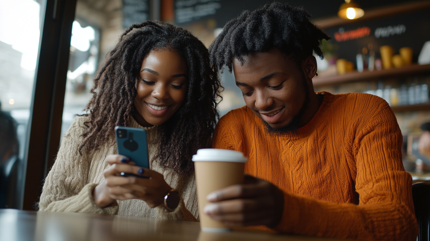 Young Afro-African people looking at cell phone happily.