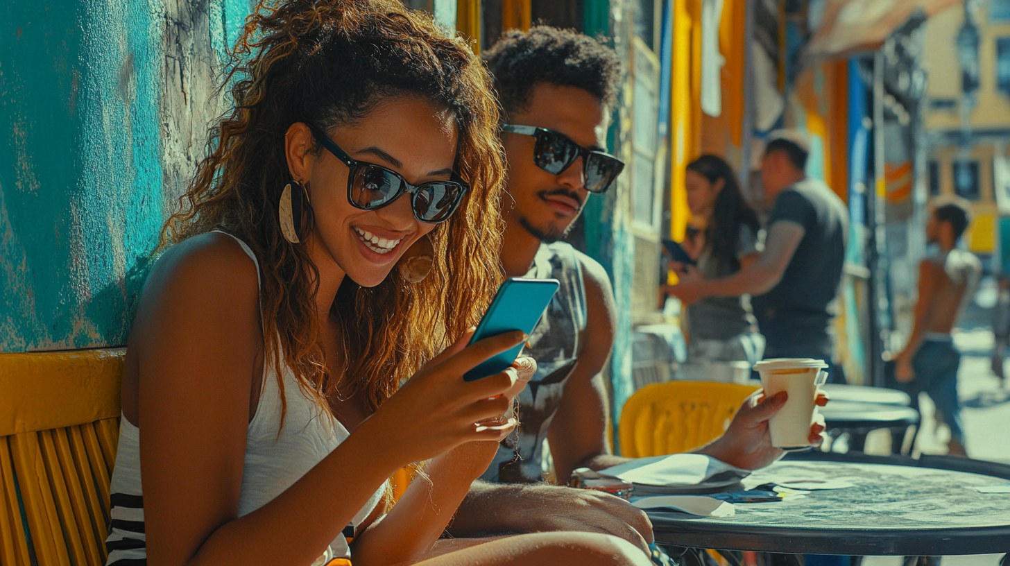 Young Brazilian men and women looking at phone, happy.