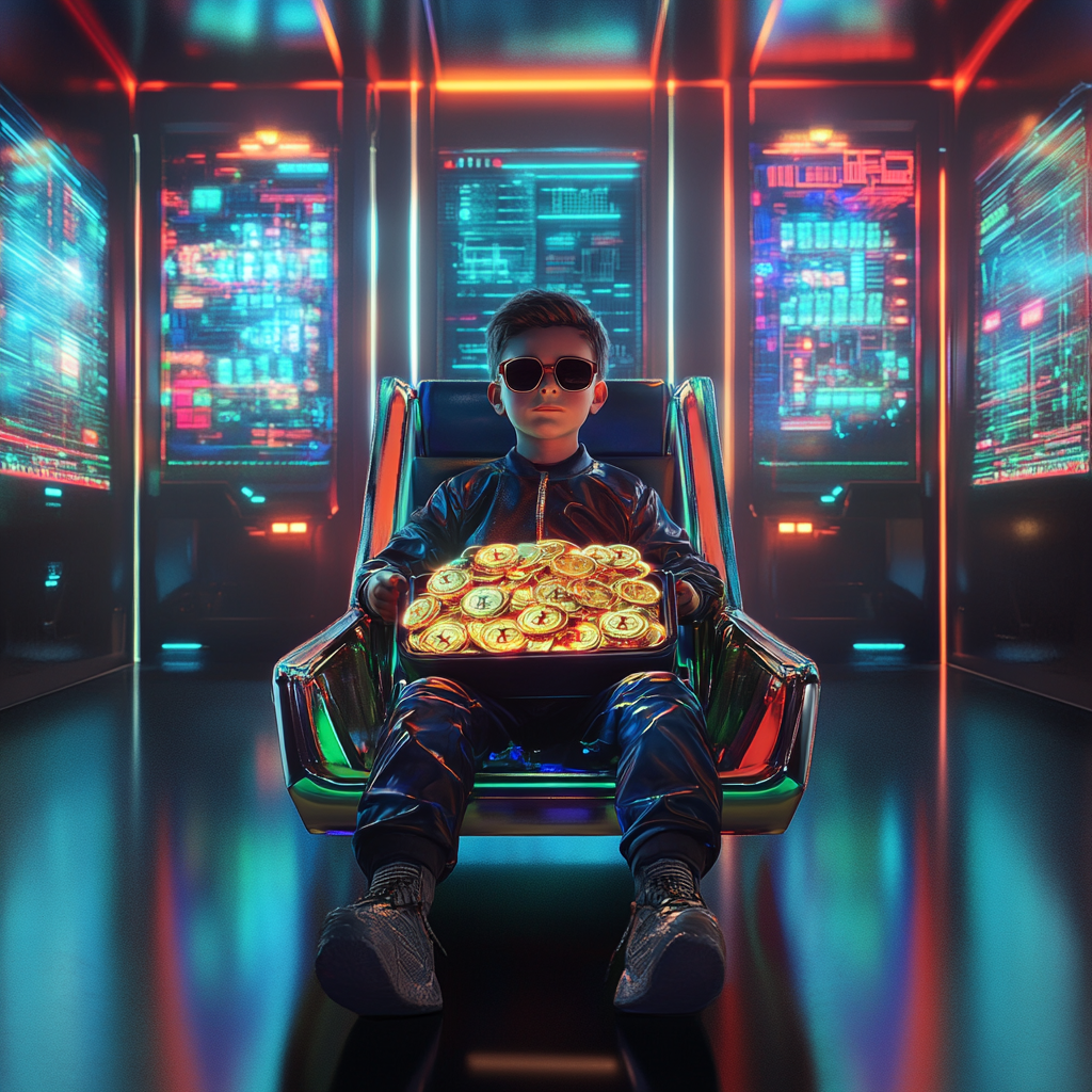 Young boy with sunglasses on colorful chair, surrounded by tech.