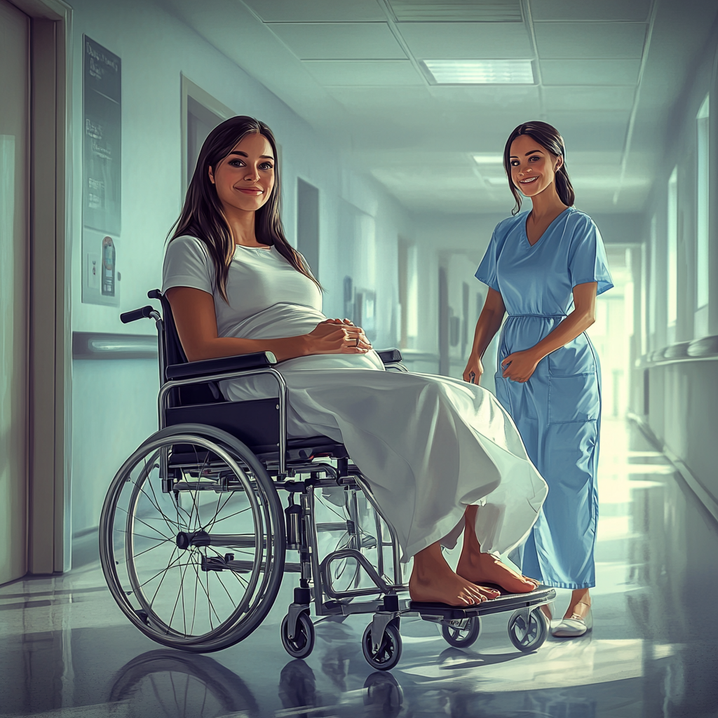 Young brunette pregnant mother in wheelchair with nurse, happy.