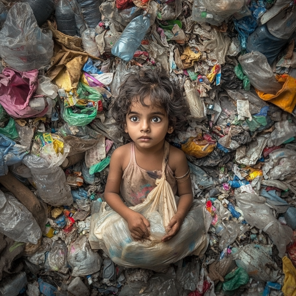 Young child in landfill surrounded by plastic waste.