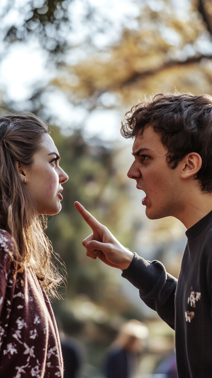 Young man and girlfriend arguing, girlfriend pointing finger angrily.