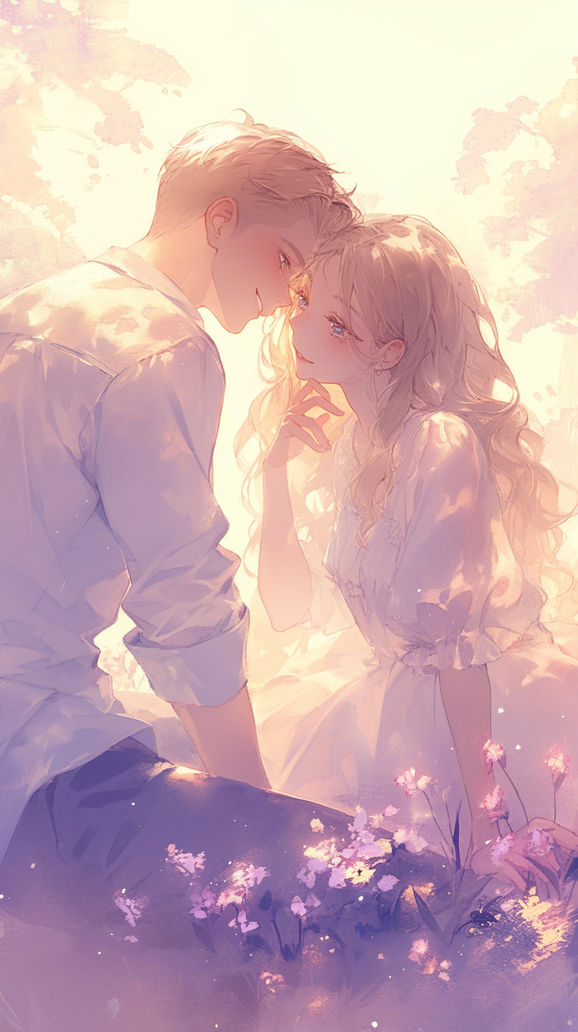 Young man gazing lovingly at beautiful girl, pastel colors.