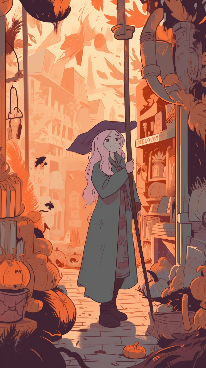 Young witch shopping with broom in whimsical magical marketplace.