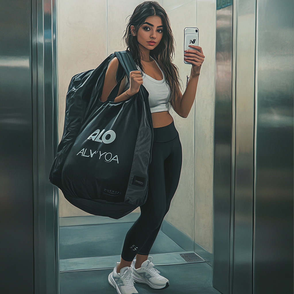 Young woman in yoga outfit taking elevator selfie.