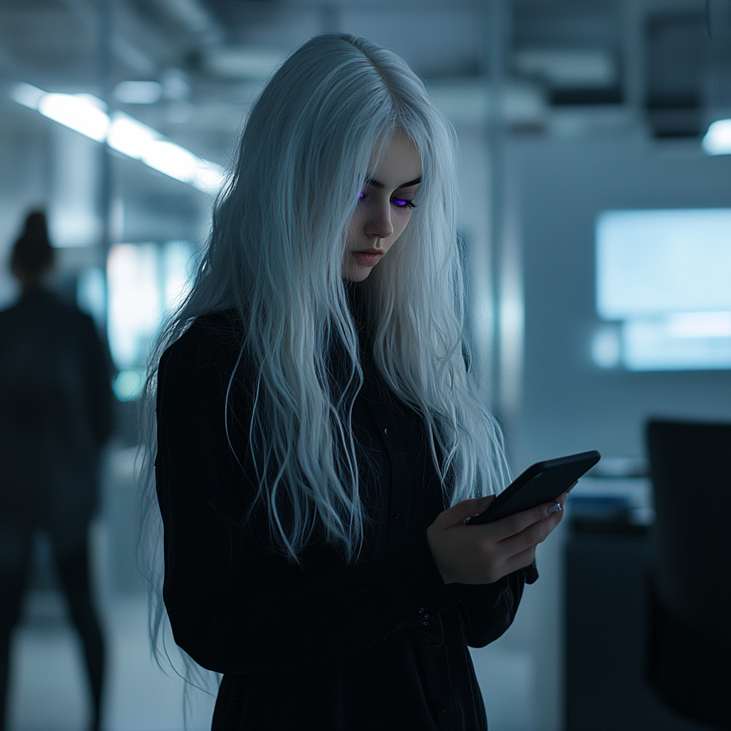 Young woman with white hair and lilac eyes.