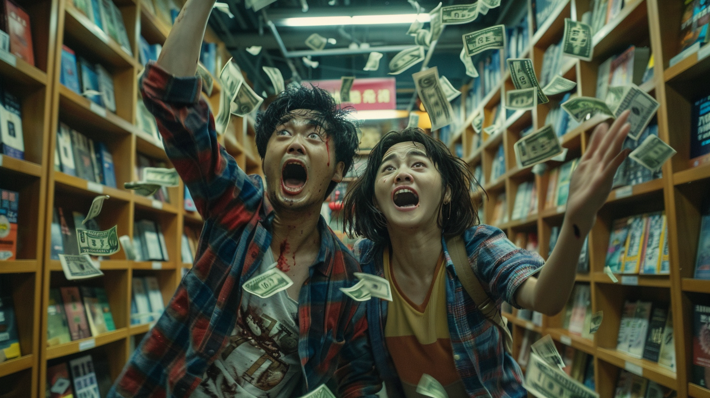 Zombie couple arguing in bookstore with falling money.